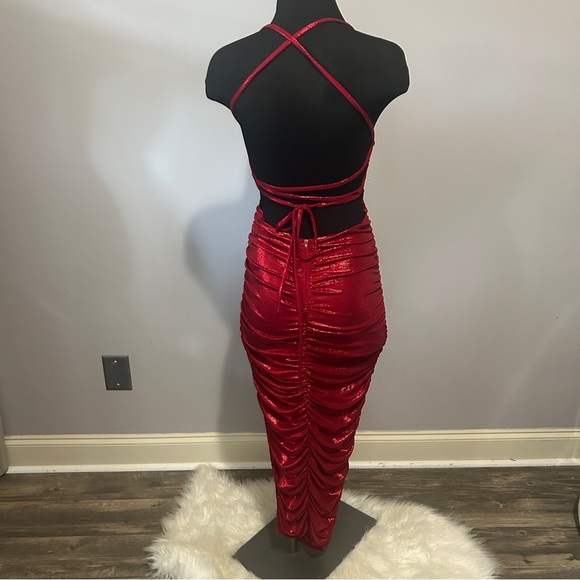 Privy Red Ruched Bodycon long Dress - Picture 5 of 8